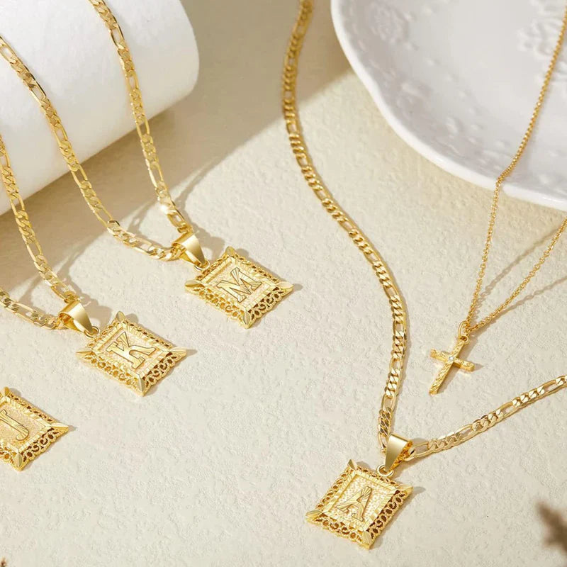 Cross Initial Necklace Set | Gold