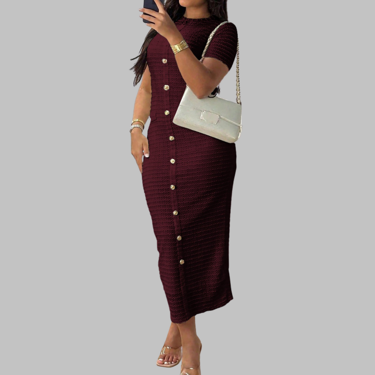 RACHEL™ - Elegant Round Neck Fake Button Dress