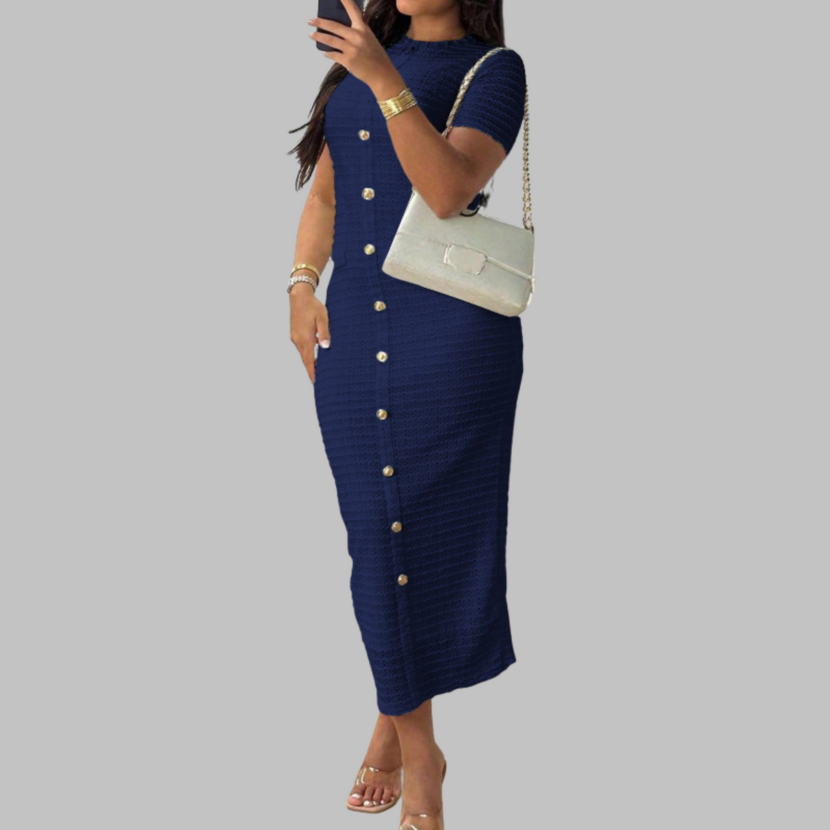 RACHEL™ - Elegant Round Neck Fake Button Dress