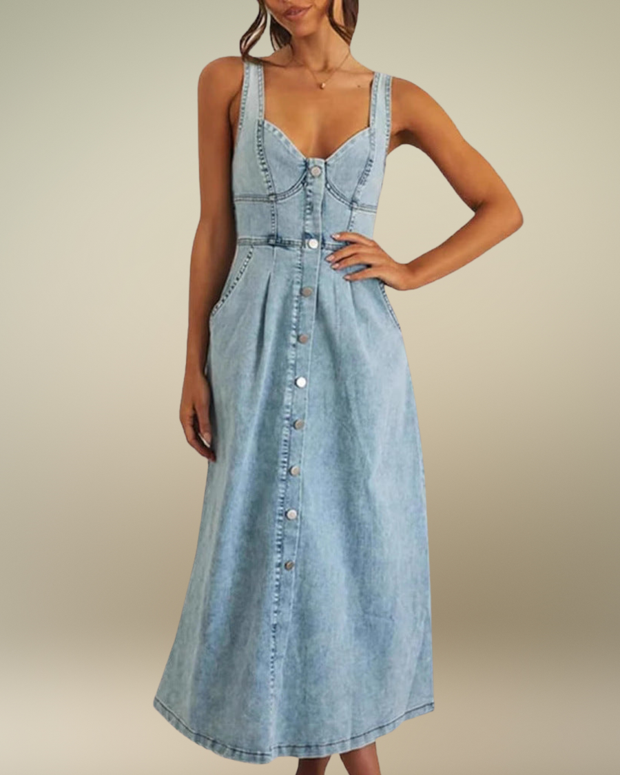 JAYLIN™ –  Classic Sleeveless Button-Front Denim Dress