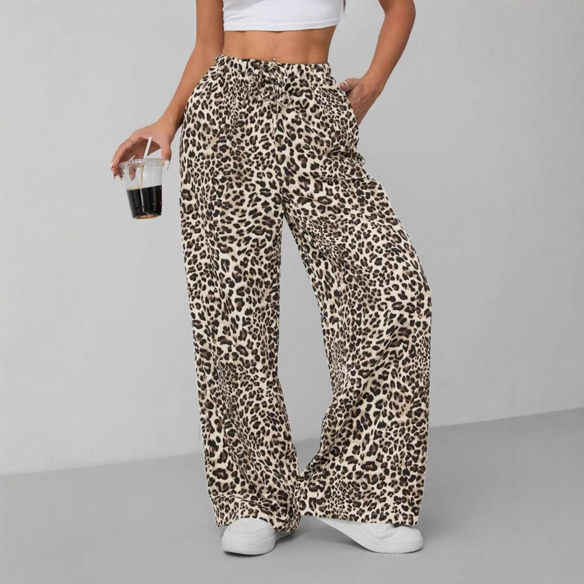 SYALA™ - Vintage Leopard Tie Front Wide Leg Pants