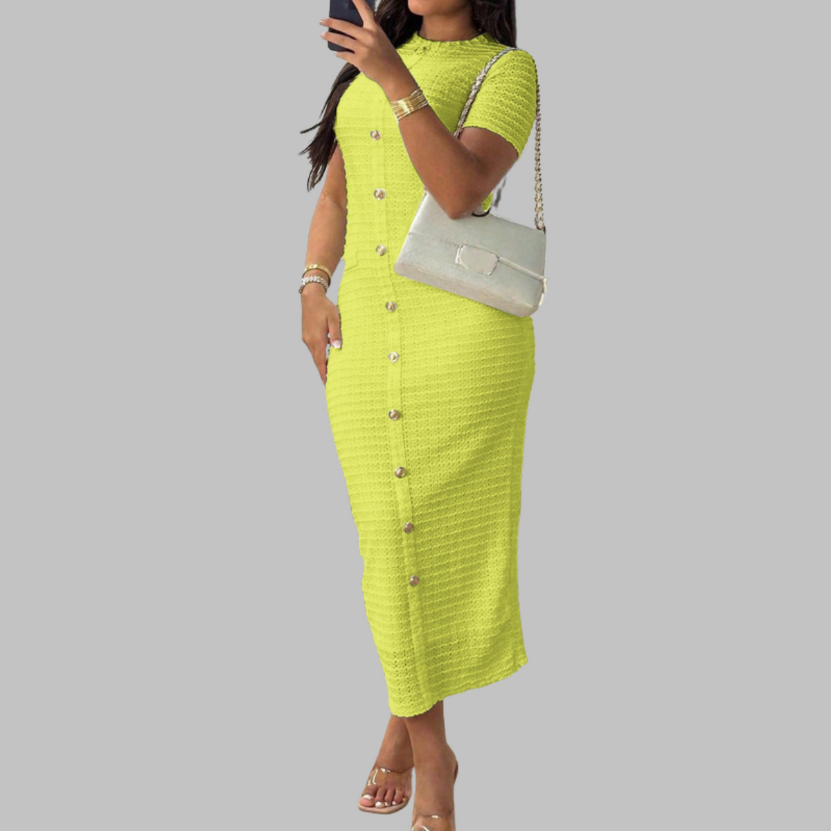 RACHEL™ - Elegant Round Neck Fake Button Dress
