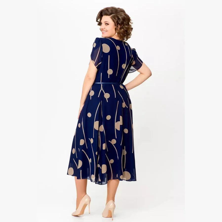 IVY | NAVY POLKA DOT PRINT CHIFFON MIDI DRESS