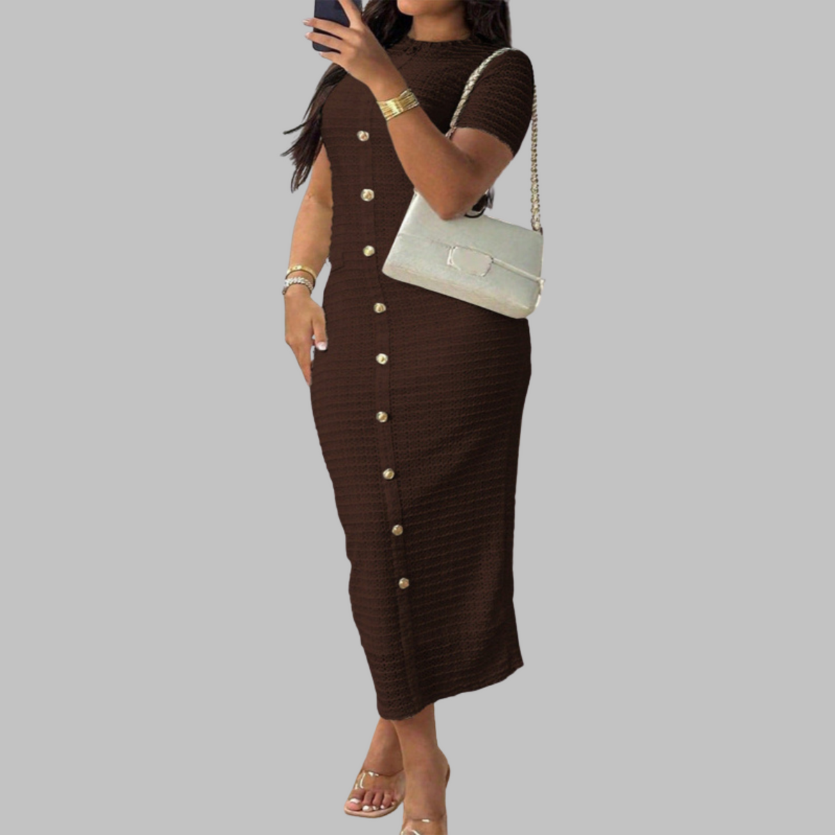 RACHEL™ - Elegant Round Neck Fake Button Dress