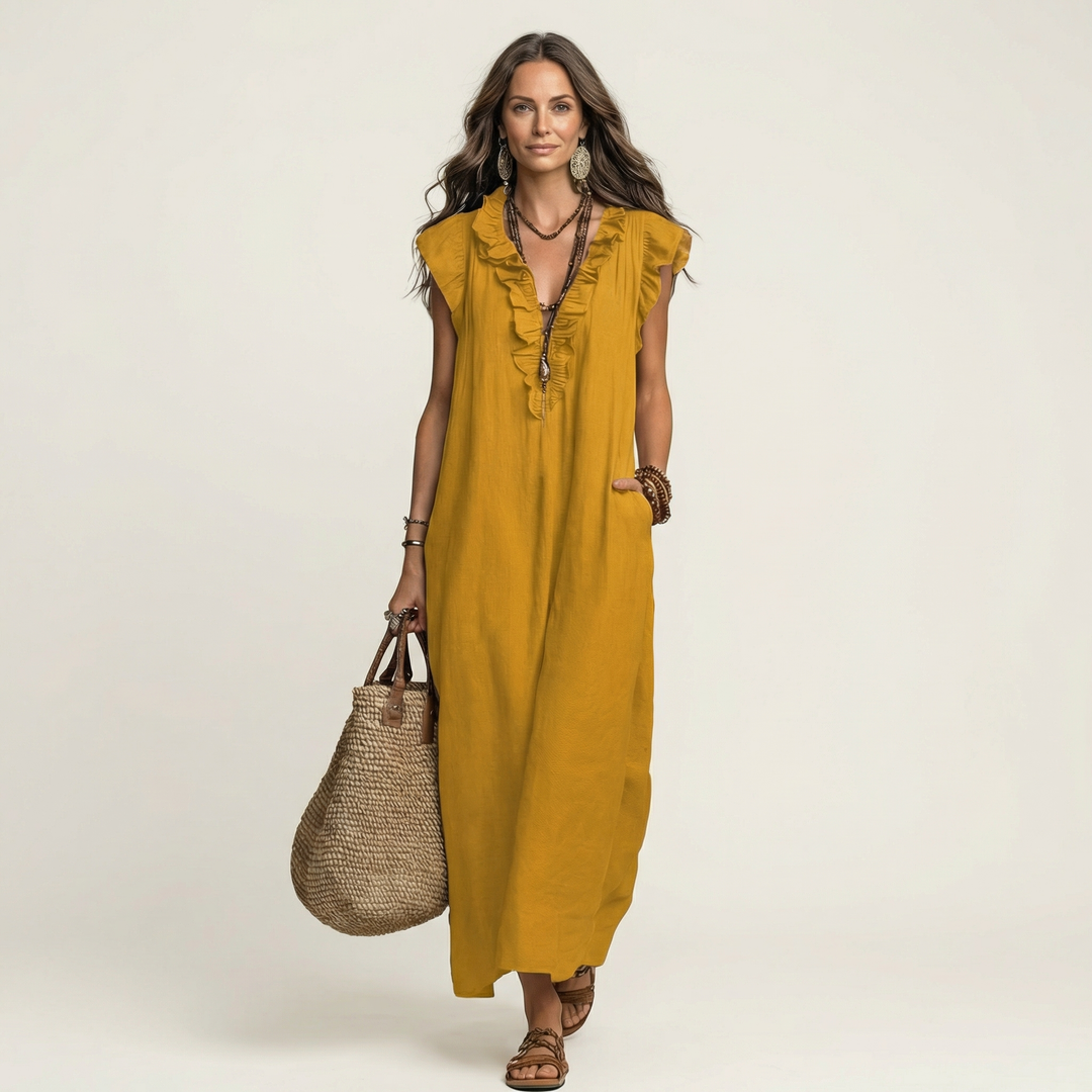 JOSETTE | ELEGANT RUFFLE V-NECK MAXI DRESS