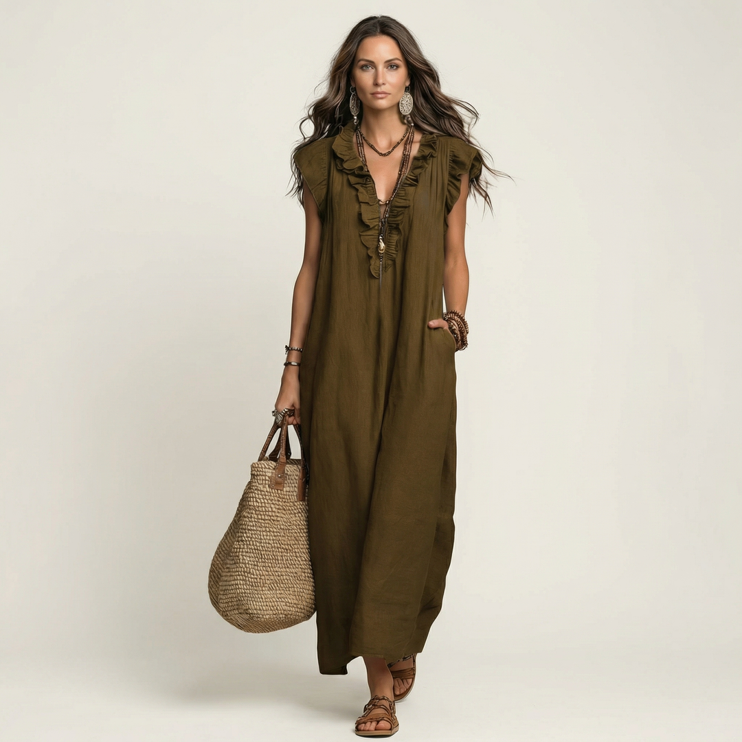 JOSETTE | ELEGANT RUFFLE V-NECK MAXI DRESS