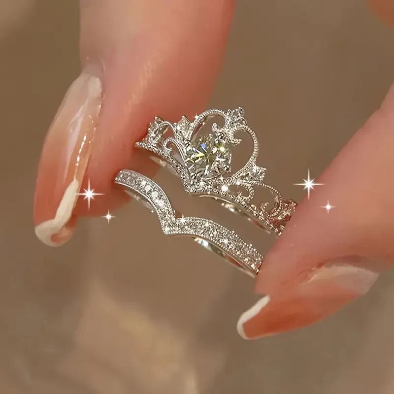 Shiny Crown Silver Ring Set | White Gold