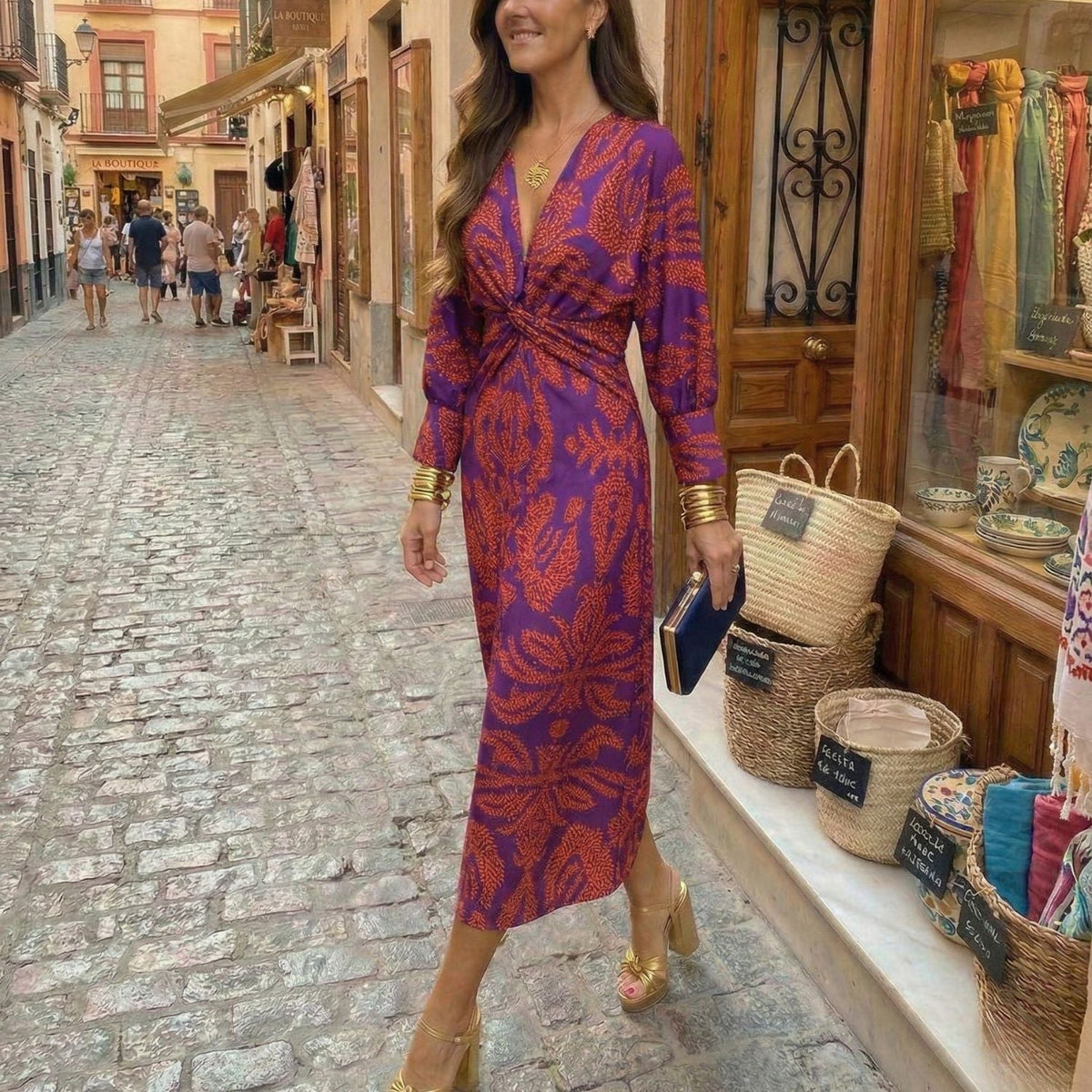 Isadora™ – Elegant Midi Dress with Timeless Charm Print
