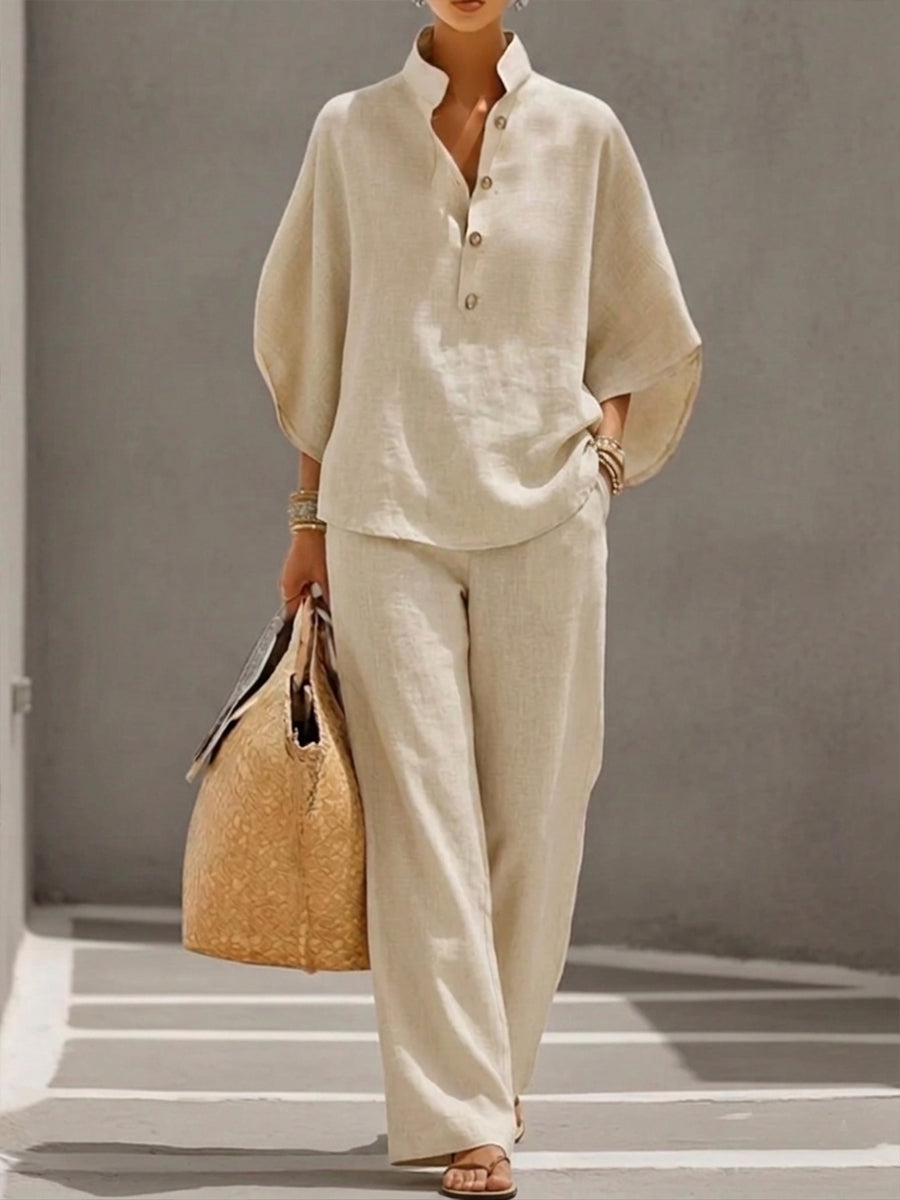 Lorena | Cotton Linen Set with Batwing Sleeves and Wide Trousers