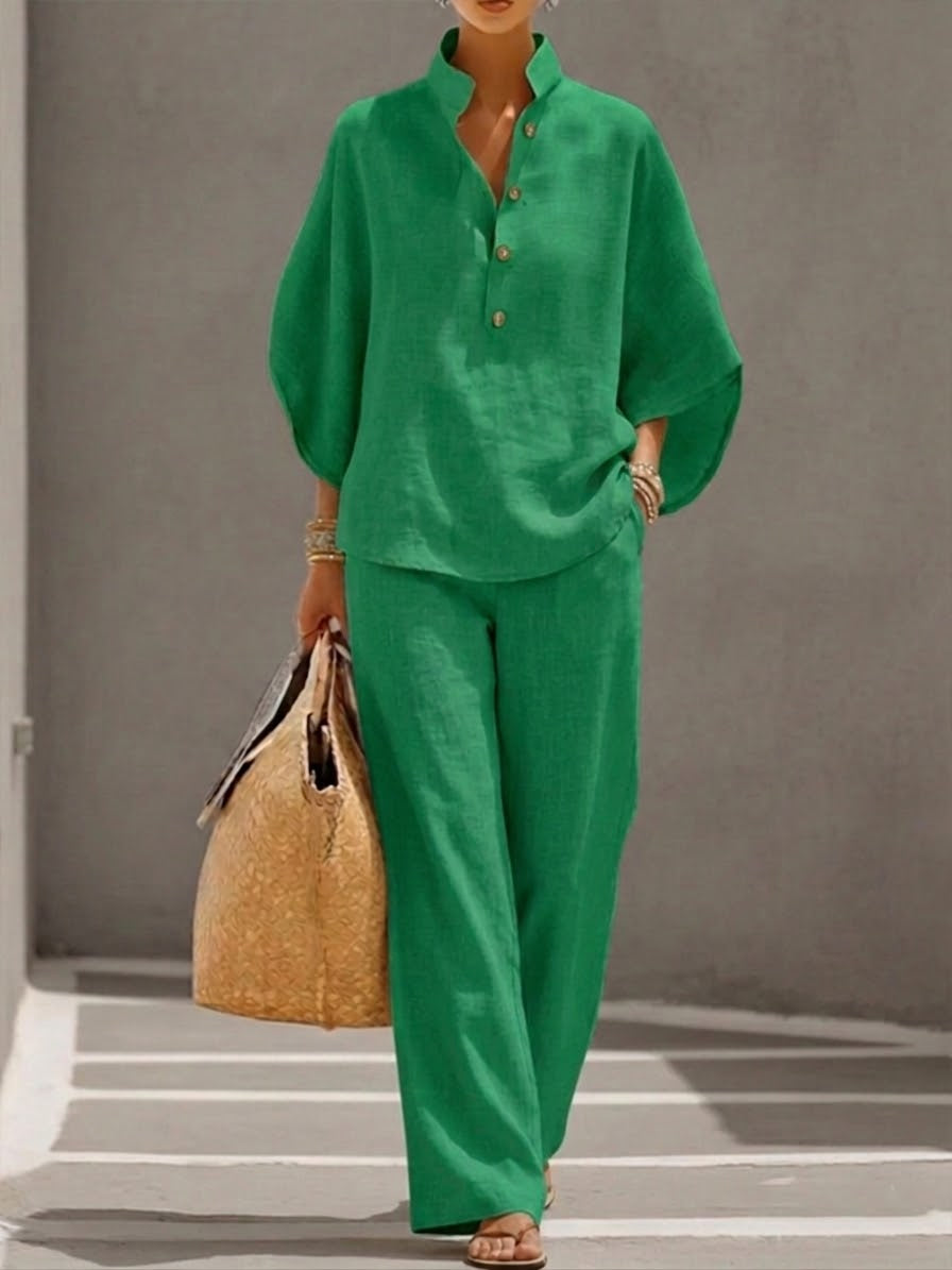 Lorena | Cotton Linen Set with Batwing Sleeves and Wide Trousers