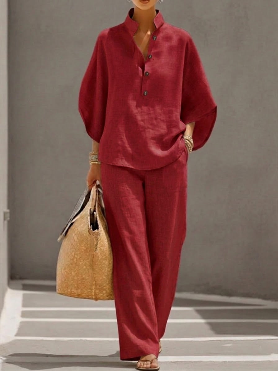 Lorena | Cotton Linen Set with Batwing Sleeves and Wide Trousers
