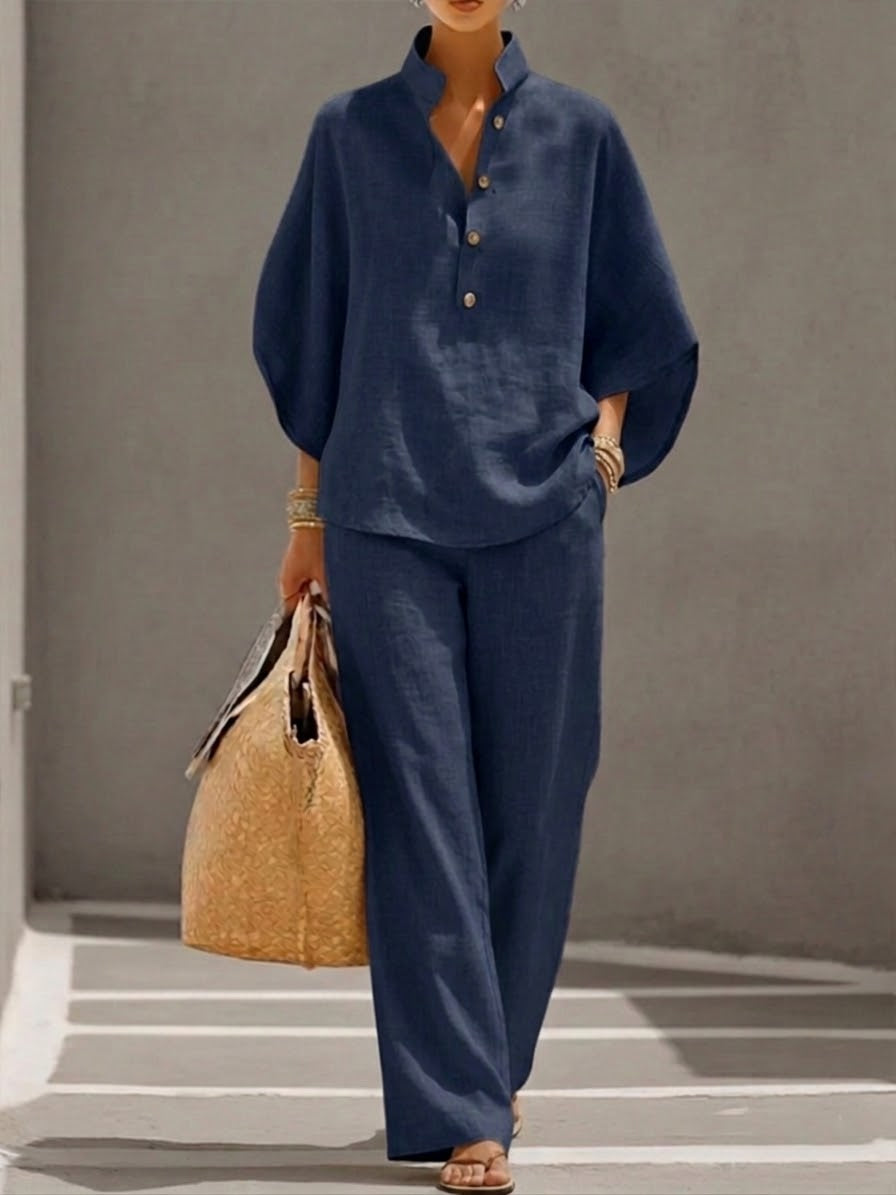 Lorena | Cotton Linen Set with Batwing Sleeves and Wide Trousers