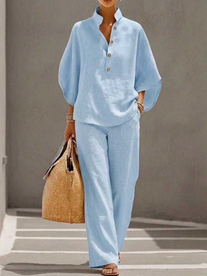 Lorena | Cotton Linen Set with Batwing Sleeves and Wide Trousers