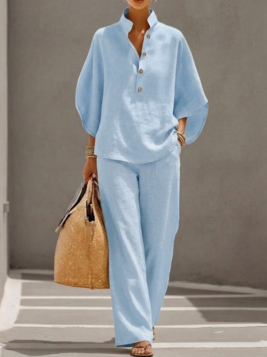 Lorena | Cotton Linen Set with Batwing Sleeves and Wide Trousers