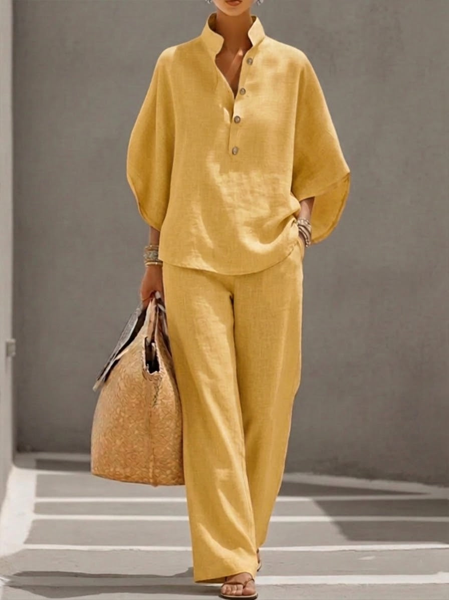Lorena | Cotton Linen Set with Batwing Sleeves and Wide Trousers